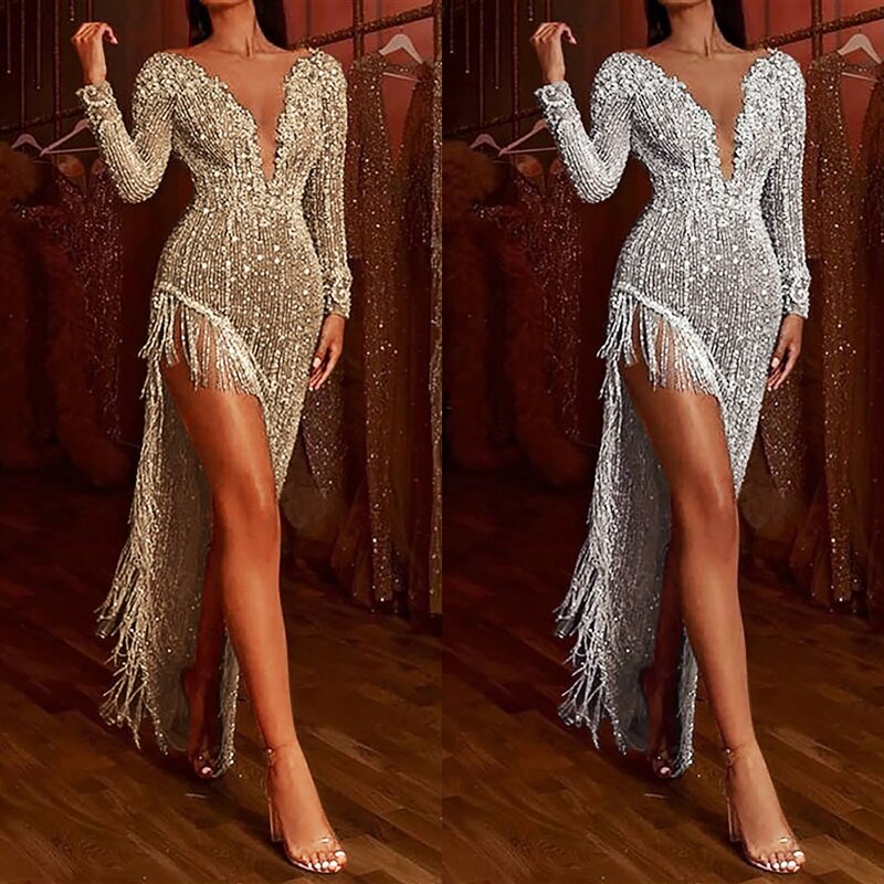 Women's Dress Glitter Sparkly Sequin Tassel Beading Deep V Long Sleeve High Side Slit Dress Cocktail Evening Party Dress платье