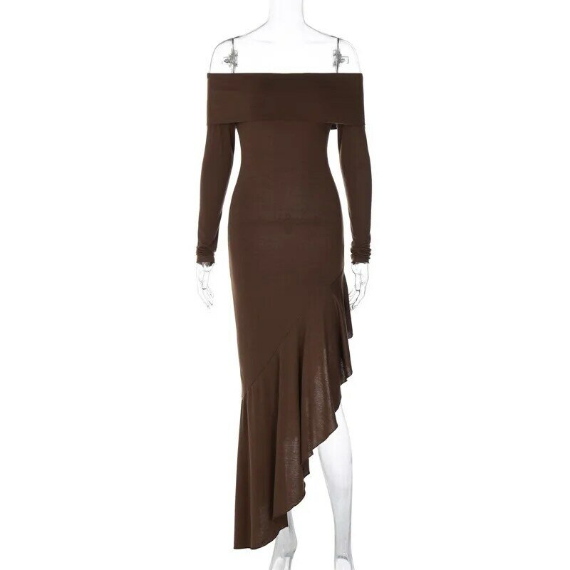 INS Fashion Women's Off Shoulder Ruffle Long Sleeve Slim Dress Temperament Commuting Female Elegant High Waist Pullover Dresses