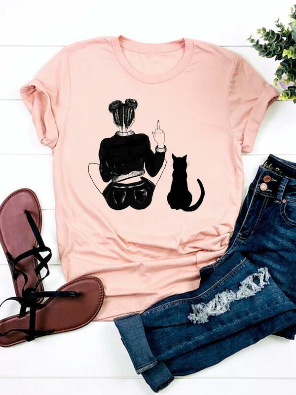 T-shirt à manches courtes imprimé chat d'interconnexion pour femmes, joli style, vêtements d'été, mode graphique, t-shirt basique, haut