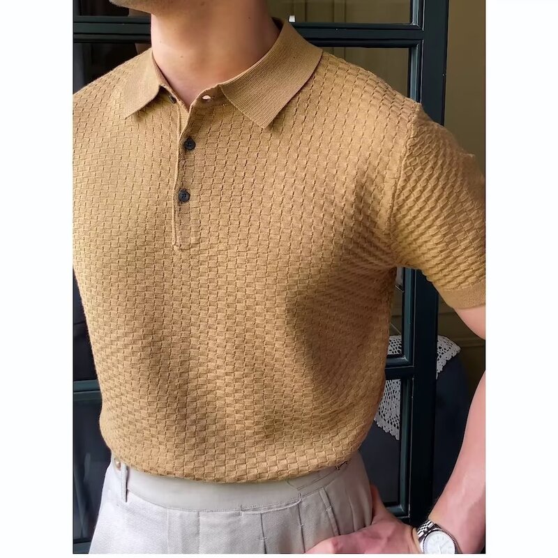 Men's Waffle Knit Polo Shirt -Short Sleeves Top Quality Knitted Polo Shirts/Male Slim Fit Plaid Leisure Golf Shirts Tops Tees