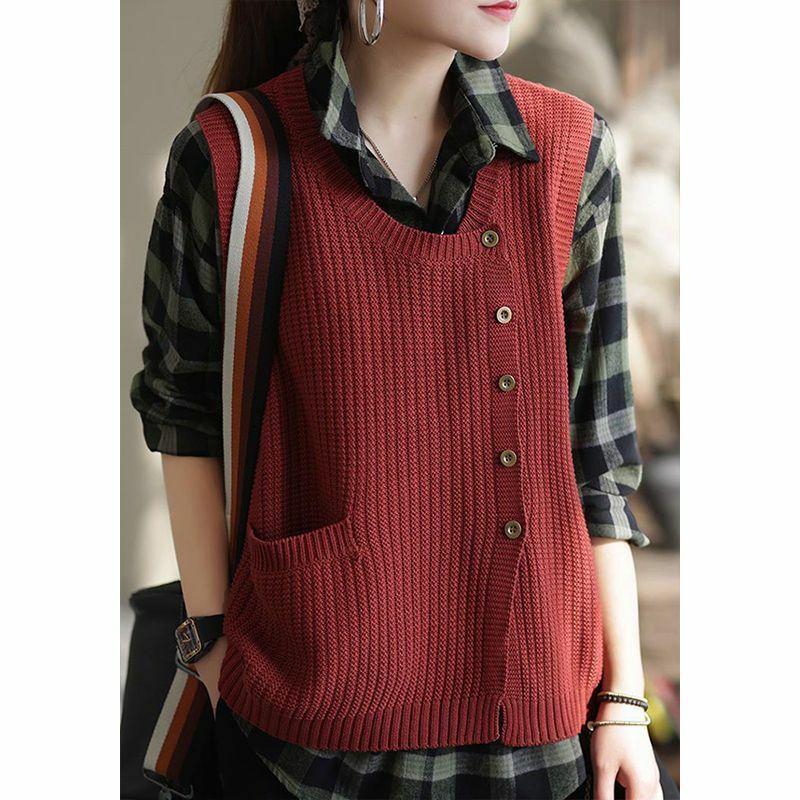 Retro Round Neck Vest Women's Spring and Autumn 2023 New Loose Solid Large Cardigan Sleeveless Knitted Tank Top
