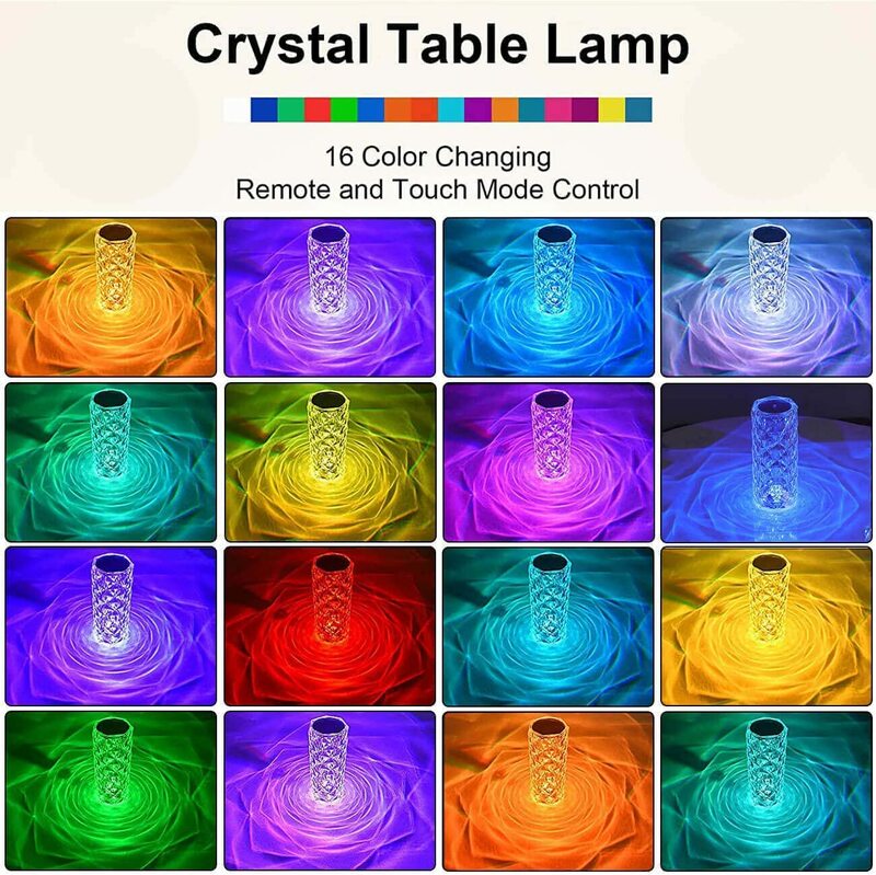 Recarregável RGB Rose LED Night Light, Mudança de cor, Crystal Touch Table Lamp, Bedroom Nightstand, Decoração do Natal, 16 cores
