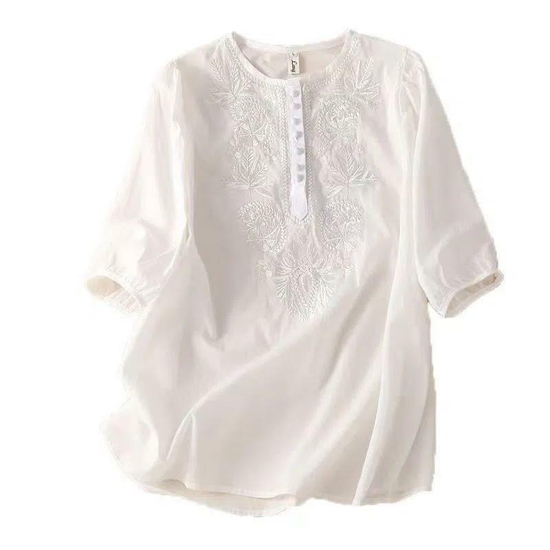 Letnia nowa damska moda Retro luźny, z wycięciem pod szyją t-shirt w jednolitym kolorze haftowany guzik z krótkim rękawem bawełniany lniane topy