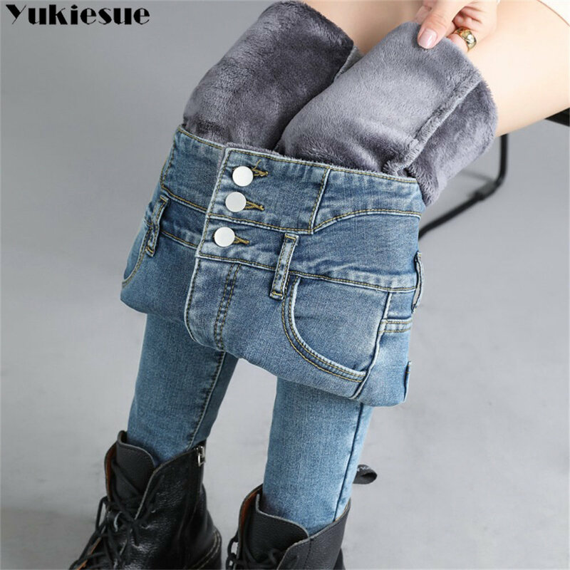 2022 Зимние Модные теплые женские джинсы в Корейском стиле с высокой талией, облегающие винтажные повседневные Бархатные женские брюки, джинсовые брюки, уличная одежда
