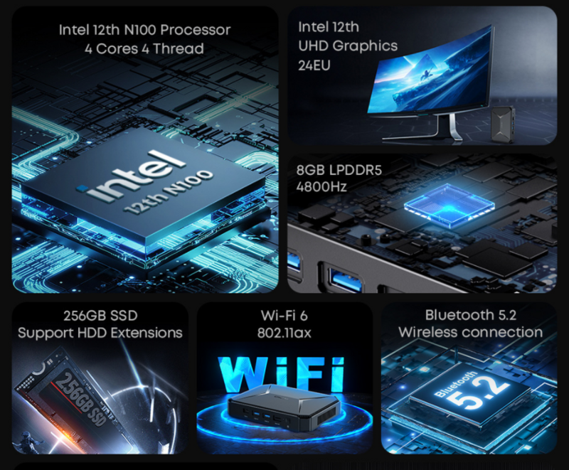 CHUWI-Herobox Mini PC, Intel N100, UHD Graphics para 12th Gen Windows 11, 8GB RAM, 256G SSD, WiFi 6, Bluetooth 5.2, Wtih VAG Port