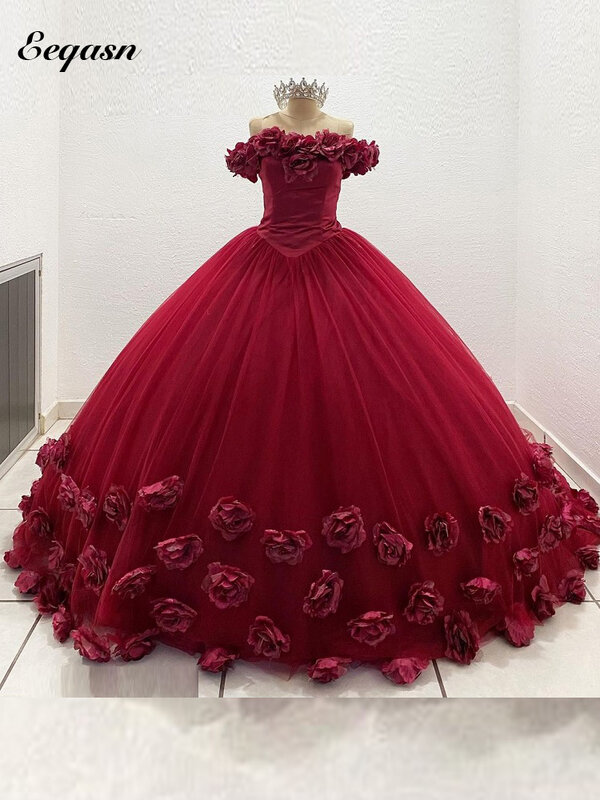 Dark Red Sweet 16 Quinceanera ชุดหรูหราชุดไปงานเต้นรำ Handmade เจ้าหญิงลายดอกไม้ชุดพรรค Vestidos De 15ปี