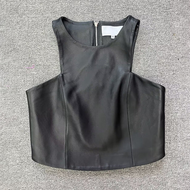 Women's Female Casual Zipper Short Vest Chic Fashion O-neck Genuine Leather Vest Vintage Women Sleeveless Tank Tops Waistcoat