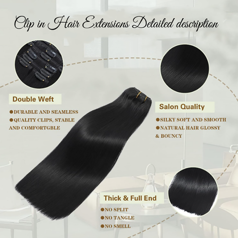 Panjang lurus alami hitam 16 klip dalam ekstensi rambut 6 buah/Set 16 klip rambut sintetis potongan untuk wanita 24 inci