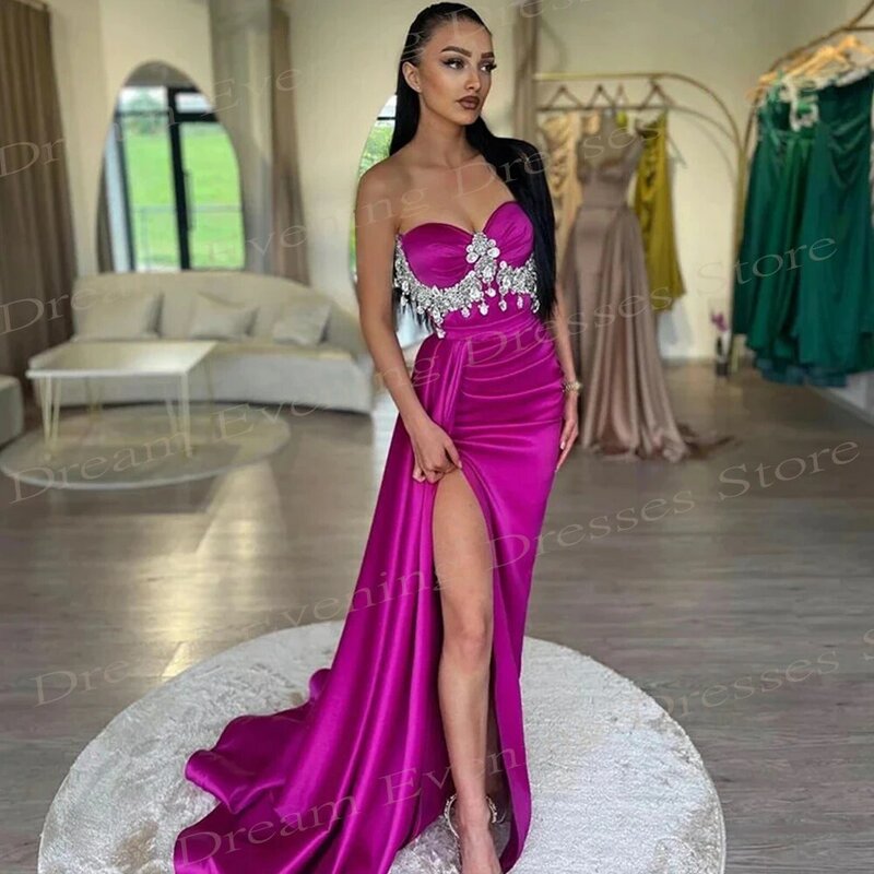 2024 sexy charmante Frauen Meerjungfrau luxuriöse Abendkleider elegante träger lose ärmellose Kristalle Ballkleider Seite hoch geteilt