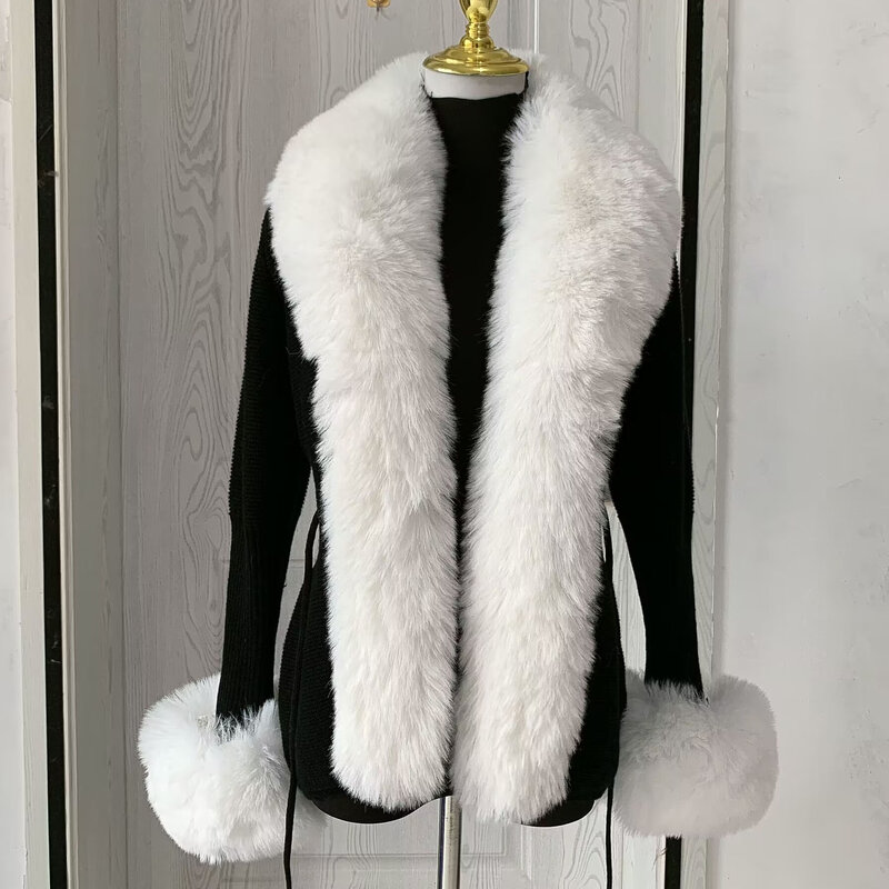 Damskie sweter dziergany ze sztucznego futra z całym futrem z lisem jesienno-zimowa luksusowy sztuczny lis futrzany kardigan moda seksowne sztuczne futro