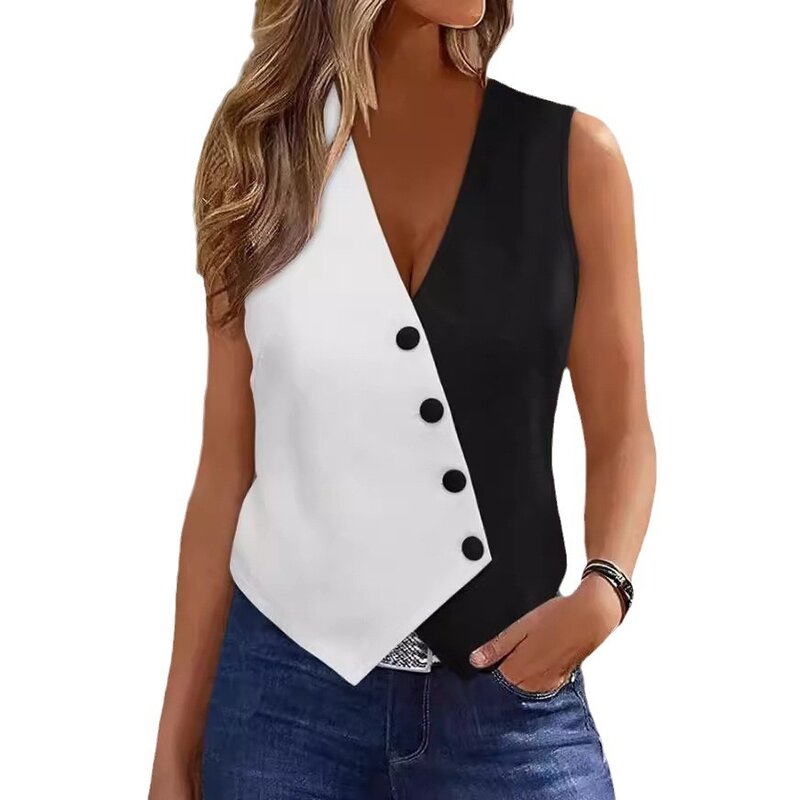 Vests Women Slim Fit Tops V Neck Sleeveless Regular Casual Elegant Splice Short Vest Top Coats Single Breasted Jackets 2024