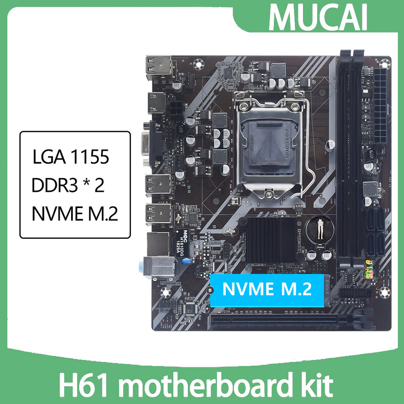 MUCAI 마더보드 LGA 1155 키트, 인텔 코어 CPU 2 세대 및 3 세대와 호환, M.2 NVME SDD 지원, H61