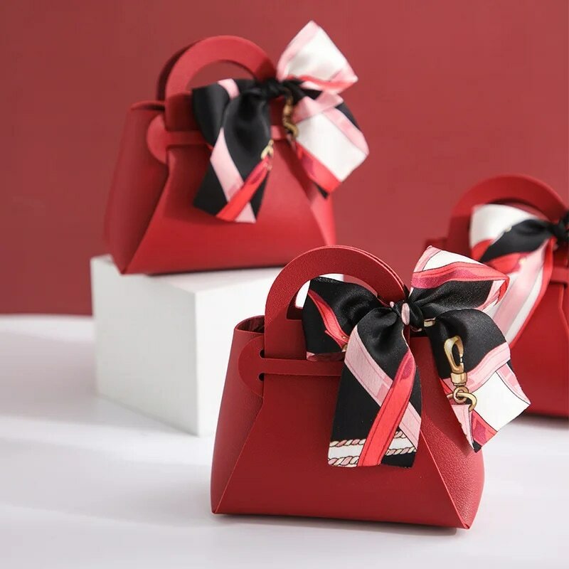 Mini Handbag With Ribbon Creative Foldable PU Leather Kids Gilrs Princess Handbag Coin Purses Wedding Decor Candy Bag Key Pouch