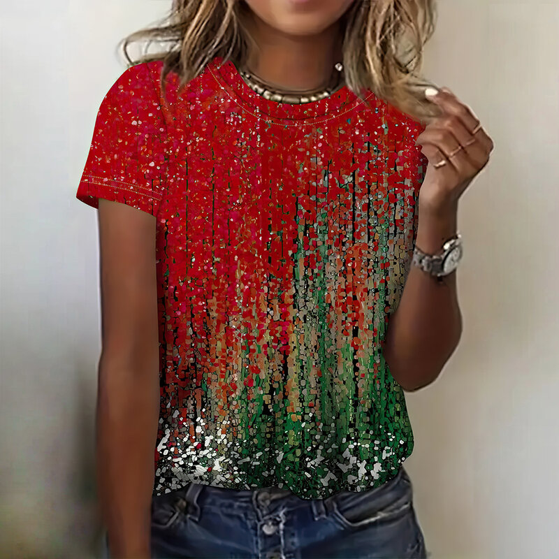 3D-gekleurde Gebrandschilderde Print Mode Dames Korte Mouw T-Shirts Tops O-Hals Casual Luxe Dameskleding Zomer Losse Straat T-Shirt