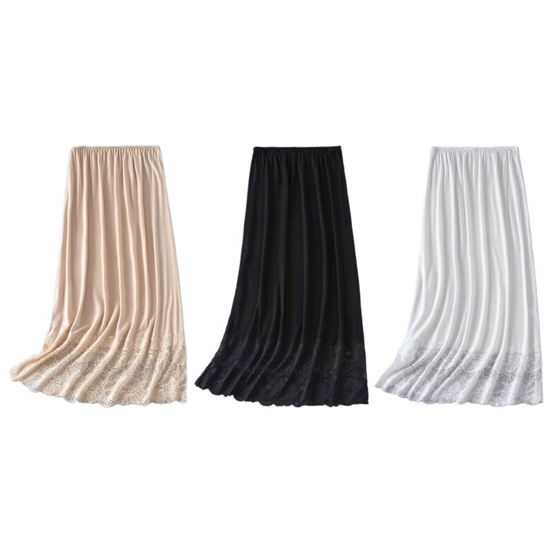 Falda interior encaje para mujer, media falda Color sólido, cintura elástica, media falda larga, enagua seguridad para