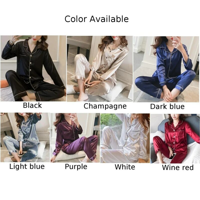Women Satin Long Sleeve Pajama Set Lapel Top And Pants Comfortable Solid Pajamas Loungewear 2024 New Arrival Drop Shipping