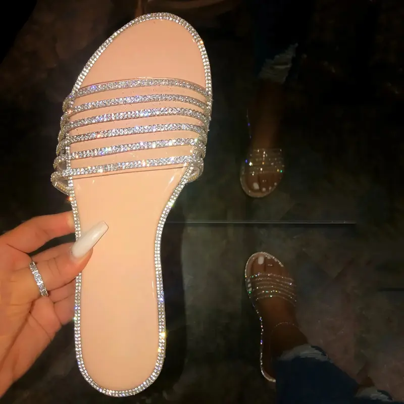 Zapatillas antideslizantes de fondo plano para mujer, sandalias de playa con punta abierta y diamantes de imitación, moda Sexy, novedad de verano, 2023