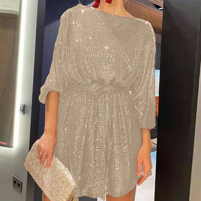 Plus Size Dresses For Curvy Women Solid Color Glitter Sparkly Sequin Dress For Women Tie Waist Loose Sexy Dresses For Women Date