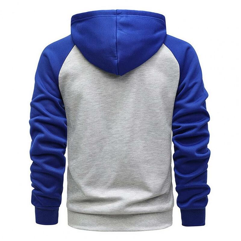 Winter Hooded Coat Men's Drawstring Hooded Cardigan Jacket for Fall Spring with Zipper Closure Color Matching Long Sleeve Soft