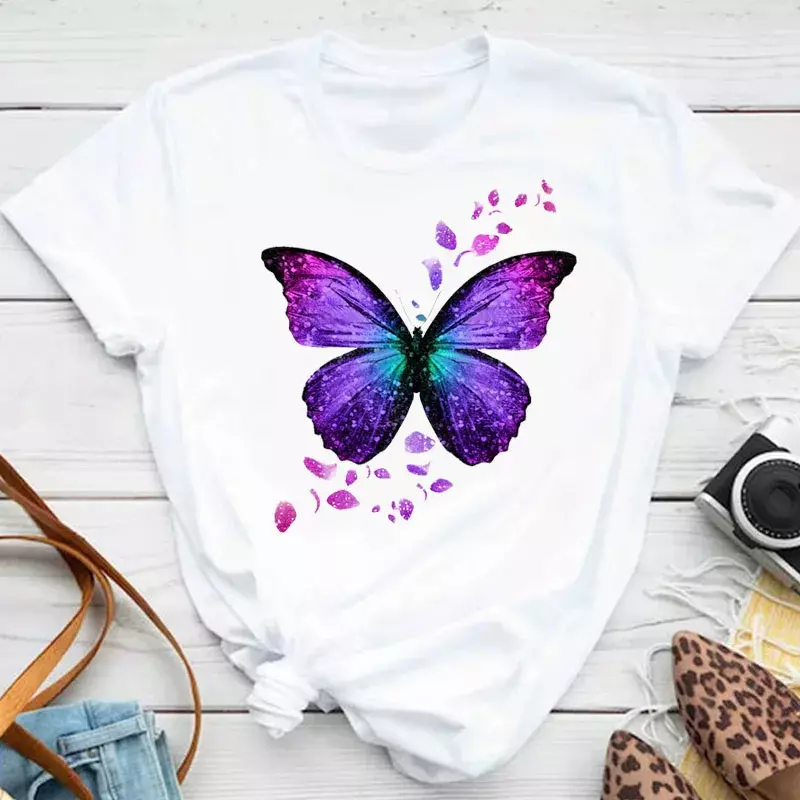 Camiseta colorida com estampa de pétala de borboleta feminina, manga curta, gola redonda, camisetas gráficas fofas, tops femininos, roupas femininas, nova moda