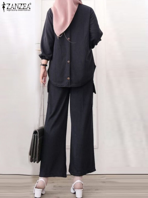 ZANZEA 캐주얼 무슬림 패션 복장, 세련된 이슬람 루즈 3/4 소매 상의 바지 세트, 와이드 레그 팬츠 용수철 여성 운동복, 2 개