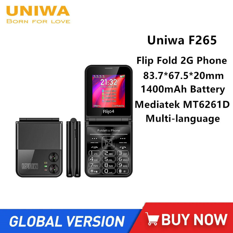 UNIWA-Dobre telefone flip para idosos, tela dupla, único nano, grande botão de pressão, telefone móvel 2G para idosos, bateria de 1400mAh, teclado inglês, F265