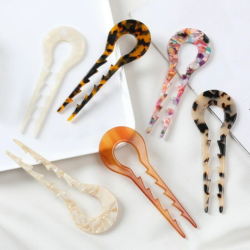 Acetato Hair Stick Fork para mulheres Retro Marble Leopard, grampos em forma de U, Headwear, Girls Bun, acessórios para cocar
