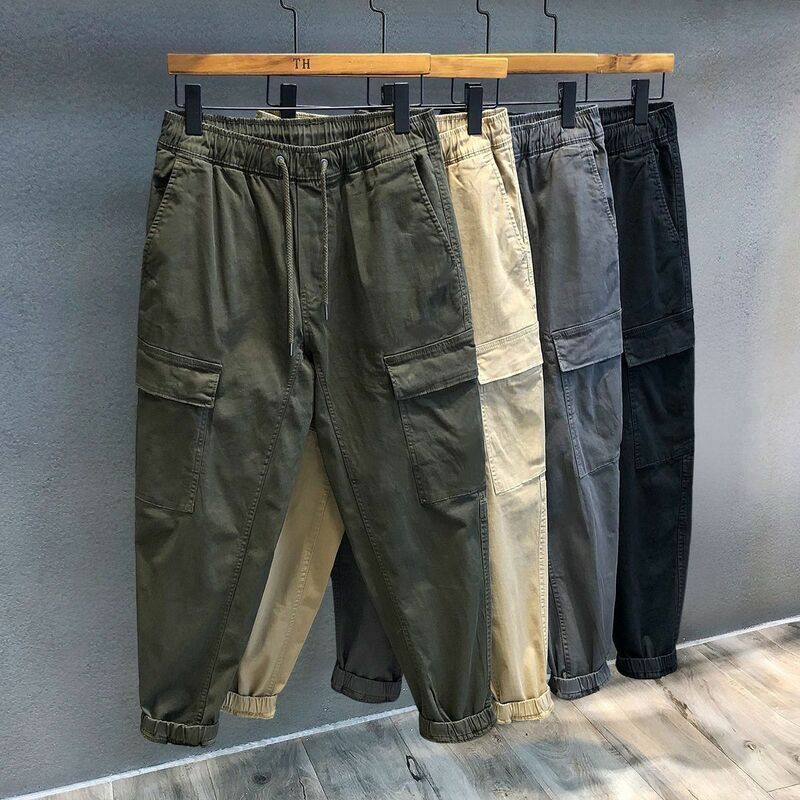 Pantalones de algodón puro para hombre, pantalón de trabajo con bolsillos, cintura elástica, Color sólido, estilo coreano, informal, Primavera