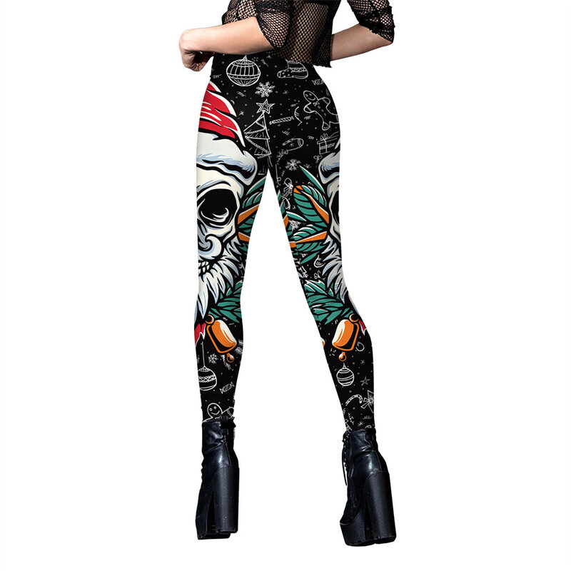 FCCEXIO Merry Christmas Leggings Santa Claus Skull Print Tights Women Elastic Sexy Trousers Mid Waist Casual Holiday Gift