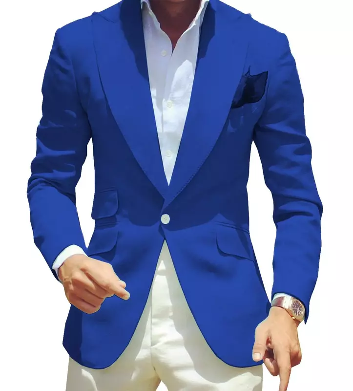 Królewski niebieski męskie garnitury jeden guzik 2 sztuki formalne klapy płaskie biznesowe smokingi frak drużbowie na ślub (blezer)