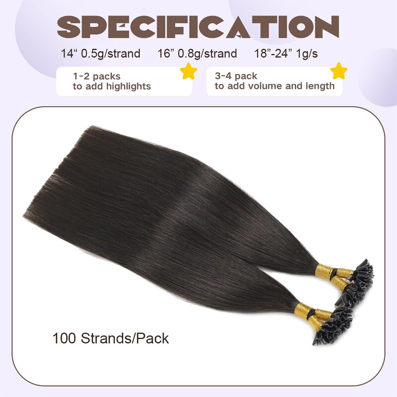 Straight U Dica extensões de cabelo, cabelo humano preto natural, Remy Hair, # 1B, 100 fios por pacote