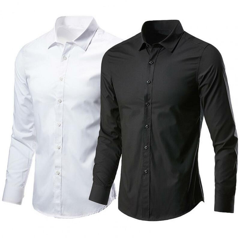 Men Polyester Shirt Men's Stretchy Slim Fit Business Shirt with Turn-down Collar Long Sleeves Solid Color Design for Plus