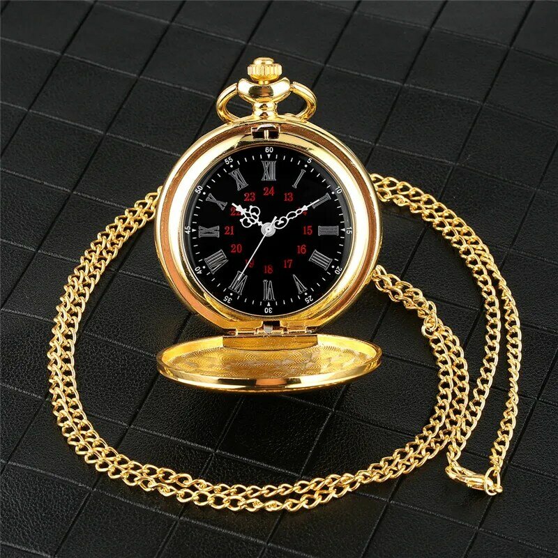 นาฬิกาหรูสีเหลืองทอง/ดำเคสเรียบนาฬิกาผู้ชายผู้หญิงจี้กระเป๋านาฬิกาควอตซ์เคลื่อนไหวแบบแอนะล็อกสร้อยคอสายโซ่สายโซ่
