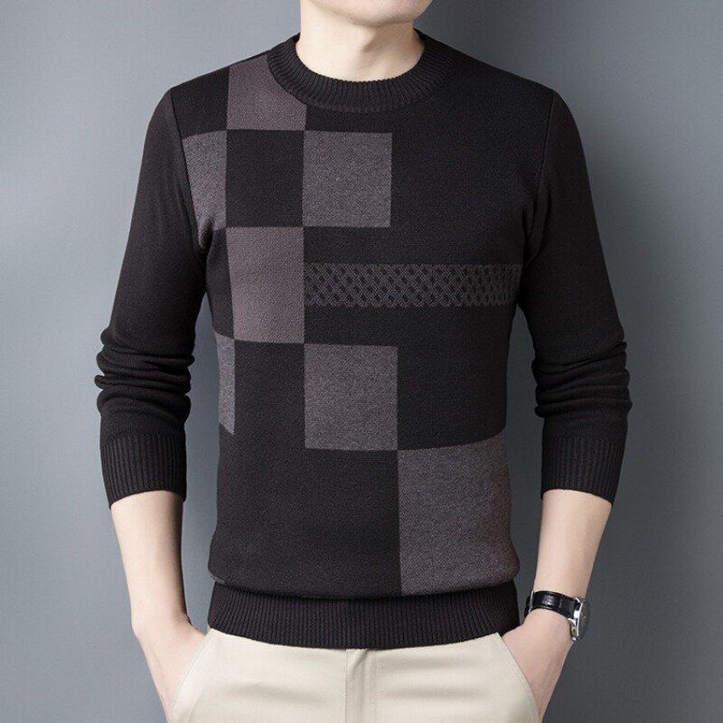 Suéter de manga larga con estampado a cuadros para hombre, Jersey versátil de punto con cuello redondo, informal, a la moda, novedad de 2023