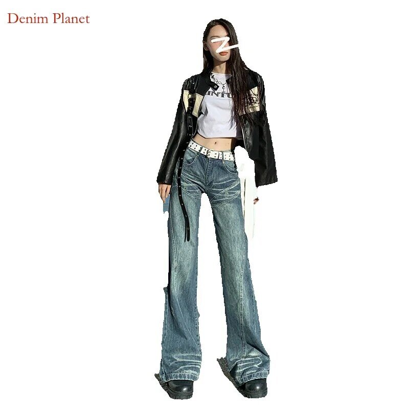 Denim Planet Retro Jeans berkobar mikro pinggang tinggi untuk wanita baru 2024 kaki lurus longgar dan pelangsing celana pel kaki lebar