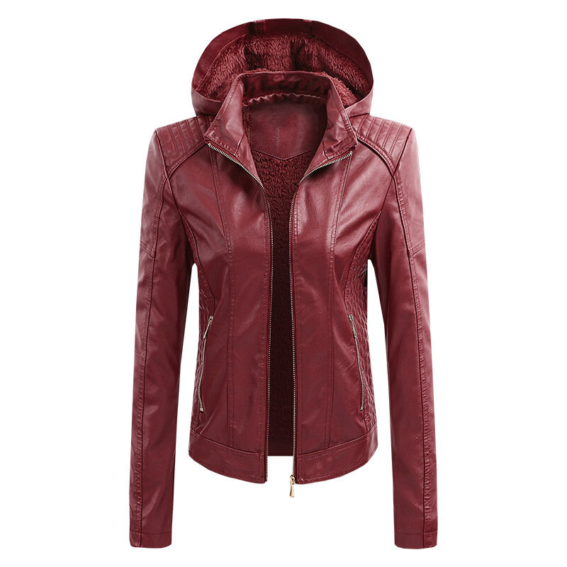 Mantel jaket bulu bertudung wanita, pakaian Eropa dan Amerika musim gugur dan musim dingin, mantel kulit dengan tudung yang dapat dilepas