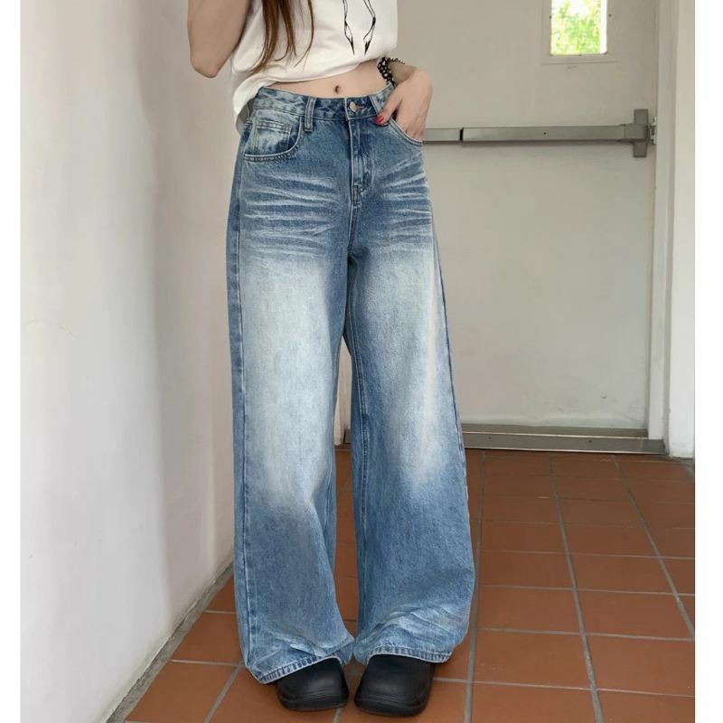 Qweek y2k Vintage Jeans Frauen hohe Taille koreanische Streetwear weites Bein Hosen Harajuku lässig übergroße gewaschene Jeans hose Sommer
