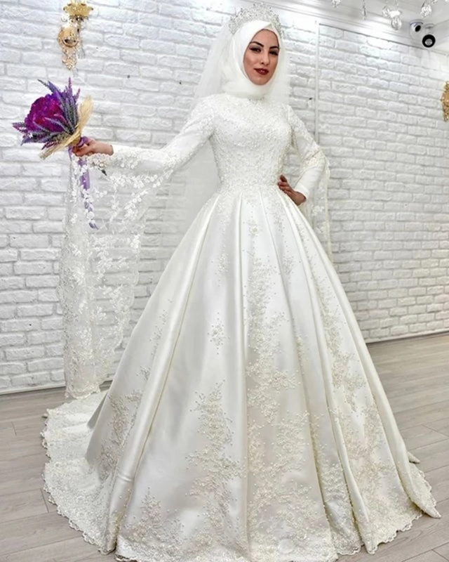 Flavinke Muslim Wedding Dresses 2024 A Line High Neck Long Sleeves Arabic Brial Gowns Lace Appliques Pearl Vestido De Noiva