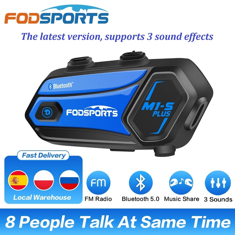 Fodsports M1-S Plus Intercomunicador para capacete de motocicleta, fone de ouvido Bluetooth para capacete, 8 pilotos, interfone BT 2000M, rádio FM, compartilhamento de música, 3 efeitos sonoros.