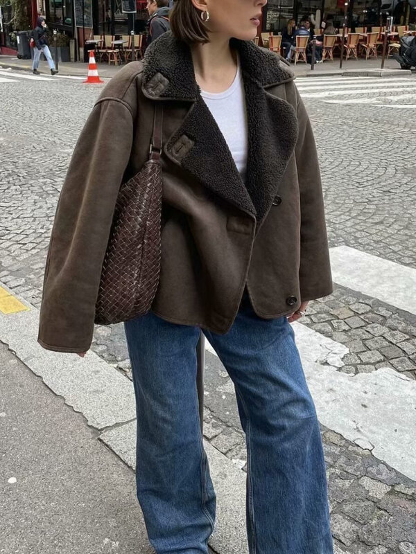 Vintage Frauen dunkelbraune Kunstleder jacke 2024 Mode Frühling Herbst lässig pendeln östlichen Mantel Knopf Tasche Jacke
