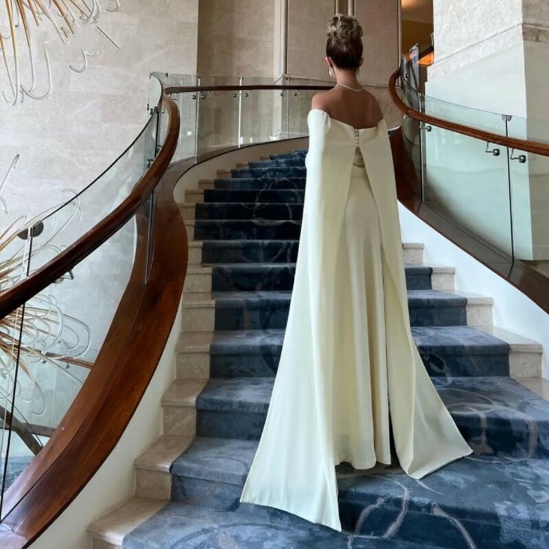 Sederhana putih dari bahu Formal putri duyung malam Dres sifon panjang-mencapai lantai putri duyung High-end Dubai Arab kustom gaun Prom