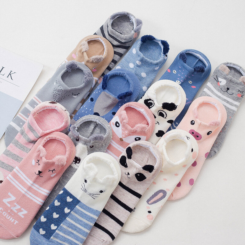Calcetines invisibles de algodón para mujer, medias divertidas con dibujos de animales, Kawaii, rosa, Harajuku, gato, perro, koala, oso, cerdo y ciervo