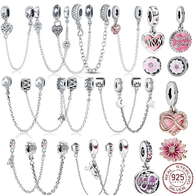 Abalorios de cadena de seguridad de circón para mujer, Plata de Ley 925, 9 modelos, compatibles con Pandora 925, pulseras originales, joyería colgante