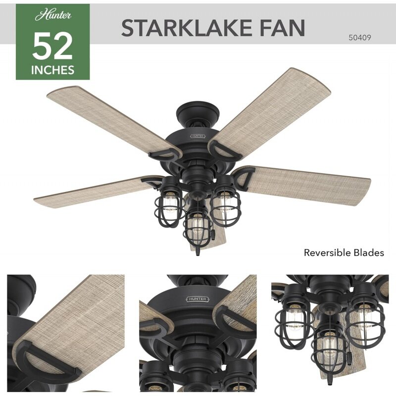 Hunter Fan Company 50409 Hunter Rustic 52 Inch Starklake Indoor or Outdoor Ceiling Fan with 3 LED Edison Bulbs, Pull Chain Contr