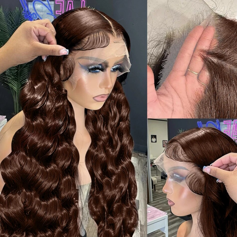Perruque Lace Front Wig Body Wave Brésilienne Naturelle Sans Colle, Cheveux Humains, Brun Chocolat, 13x4, 13x6, HD, pour Femme