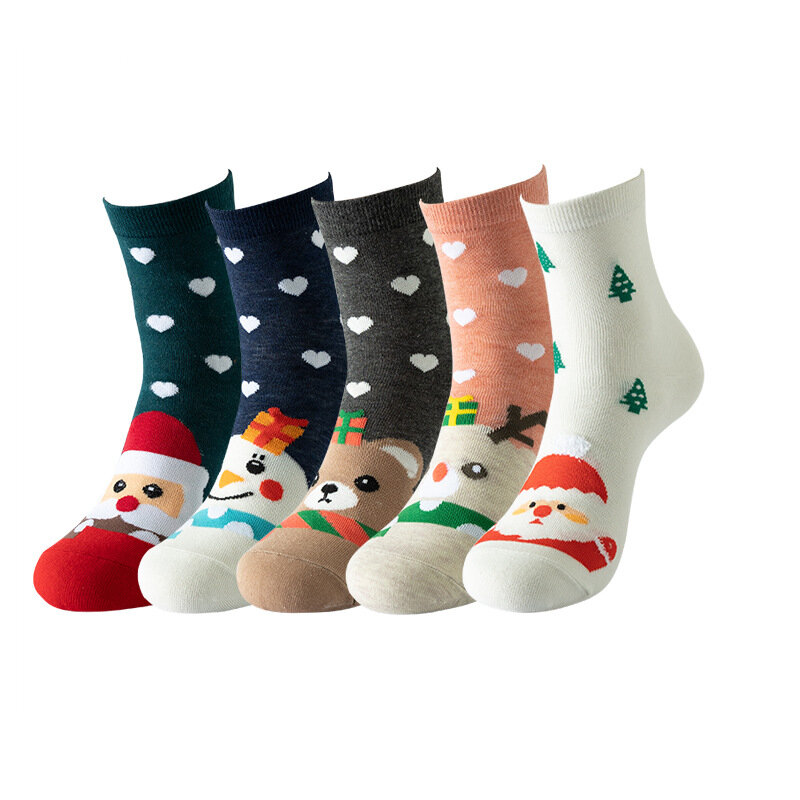 ถุงเท้ายาวปานกลางอบอุ่นสำหรับฤดูใบไม้ร่วง/ฤดูหนาวถุงเท้าคอตตอนสำหรับผู้หญิงถุงเท้าลายกวางเอลก์สโนว์แมนของขวัญเทศกาลคริสต์มาส