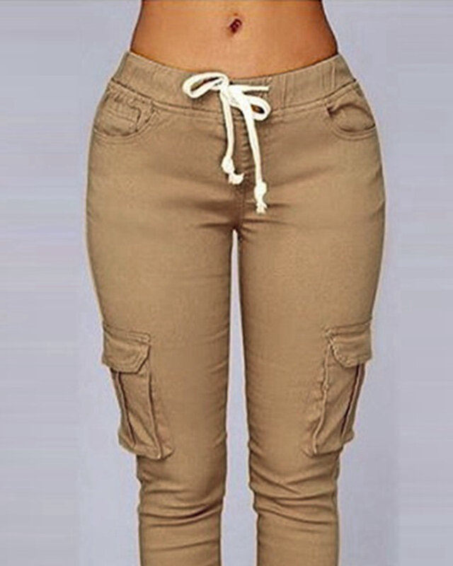 2024 Spring Women Fashion Pocket Design Drawstring Cargo Pants Femme Casual Long Skinny Leggins Lady Long Pencil Pants Outwear