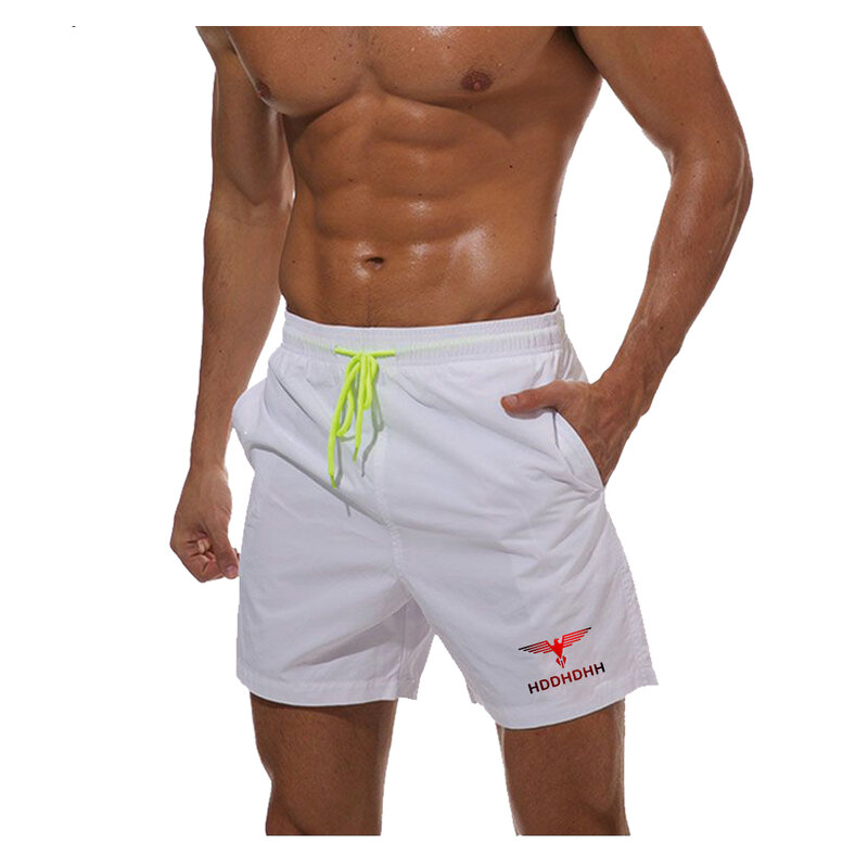 Hddhhh celana pendek kasual musim panas motif merek celana olahraga kebugaran celana pantai serut elastis pinggang tinggi pria