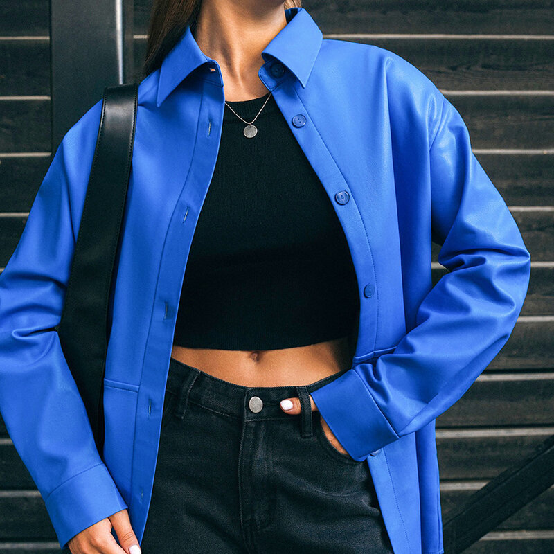 레더 자켓 Y2k 패션 클라인 블루 매트 PU 가죽 긴 소매 카디건 셔츠, 하이 스트리트 싱글 브레스트 레이디 코트