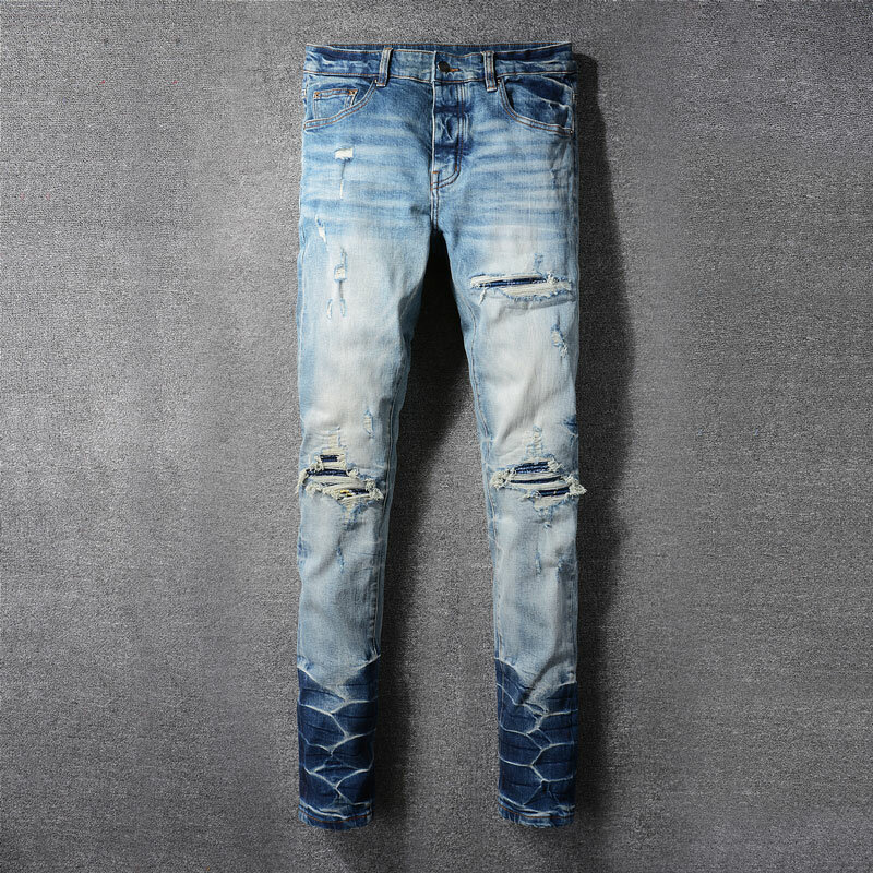 Calça jeans rasgada com ajuste magro elástico masculino, calça designer remendada, marca hip hop, azul retrô, moda de rua alta